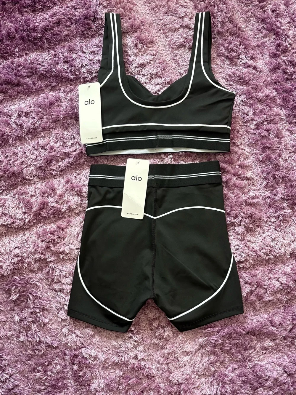ALO Yoga Black Sports Bra and Bike Shorts with White Piping